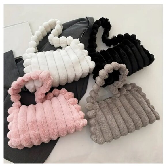 NWT Handbag Purse Shoulder Bag Faux Fur Fuzzy Soft Plush Handheld PEACH PINK - Picture 2 of 13